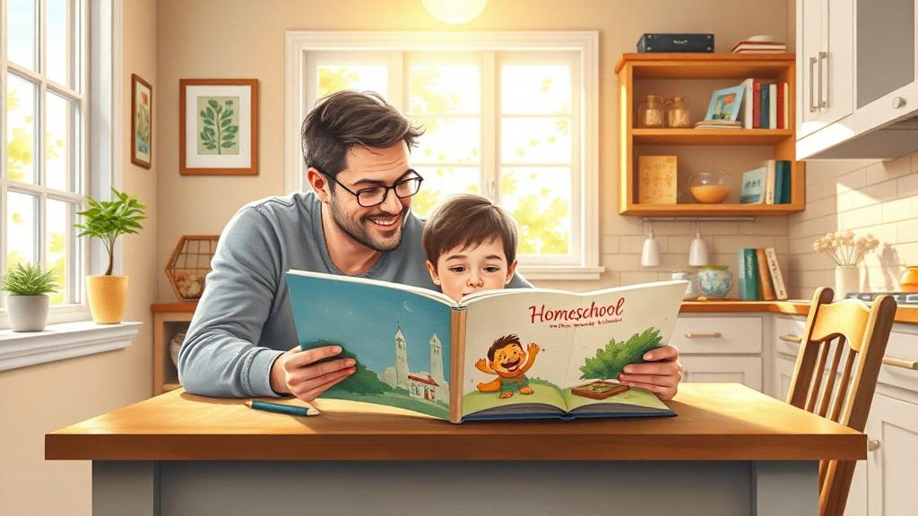 A homeschool parent and child reading a custom illustrated storybook together at a cozy kitchen table
