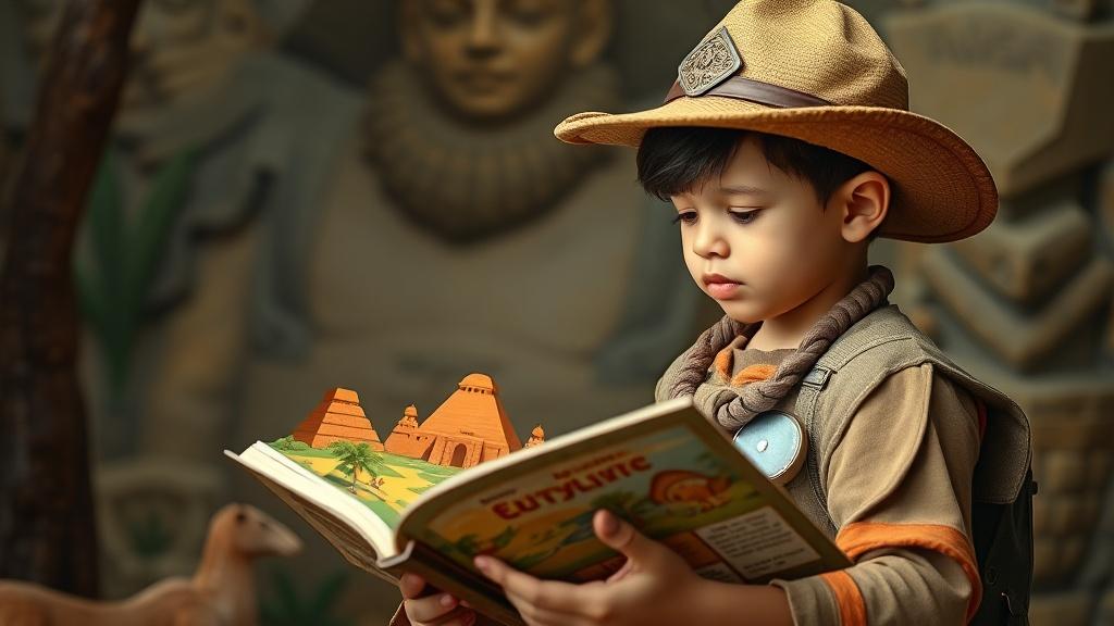 A child dressed as an explorer reading a personalized adventure book about ancient civilizations