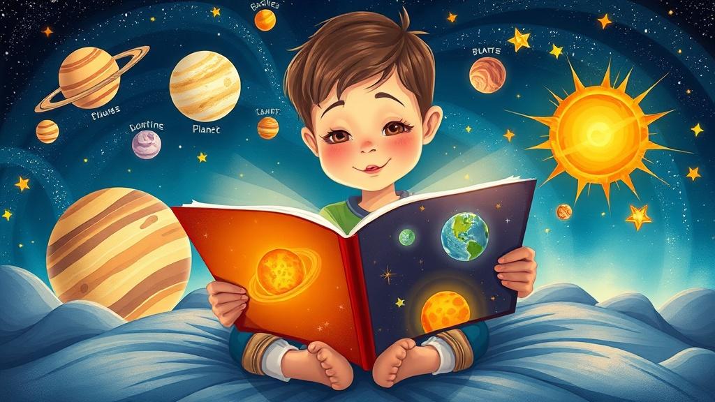 A child reading a custom illustrated story about the solar system with planets coming alive