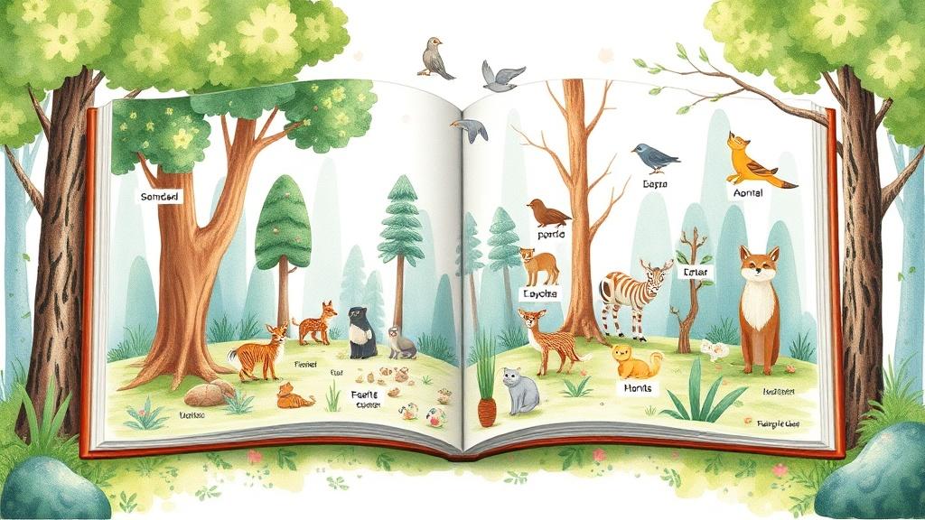 A nature-themed educational picture book showing a forest ecosystem with labeled animals and plants
