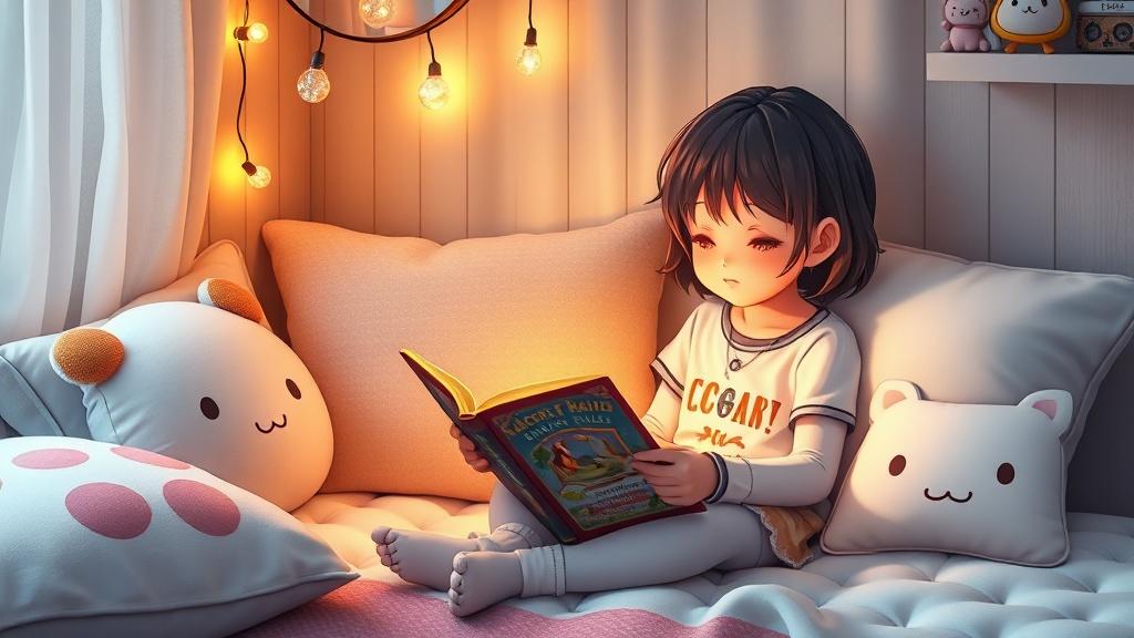 A homeschool reading corner with a child absorbed in a custom fairy tale book