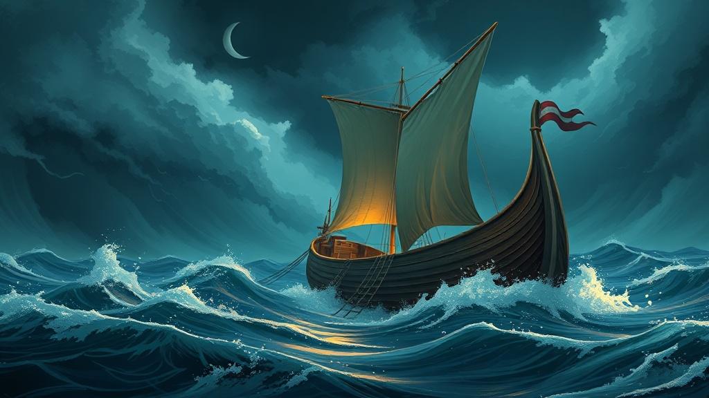 A dramatic illustrated history book showing a Viking longship on stormy seas