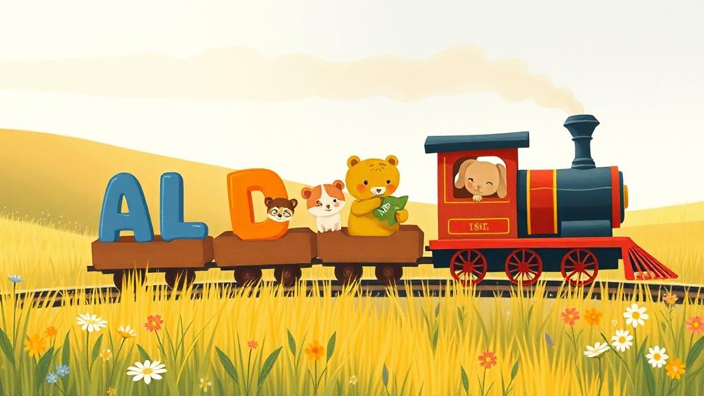 A gentle illustrated phonics storybook with a friendly alphabet train carrying letter characters