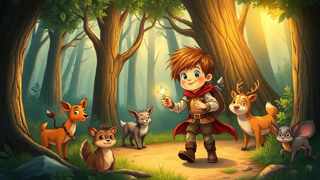 An illustrated children's book page with a boy leading forest animals through enchanted woodland