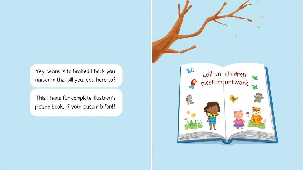 Comparison of basic AI text output versus a complete illustrated picture book