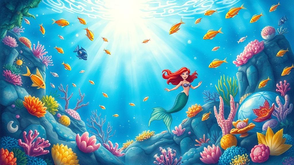 A magical underwater kingdom with a young mermaid princess swimming among colorful coral reefs