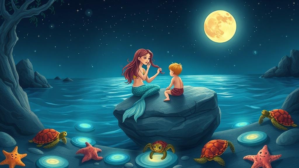 A mermaid sitting on a rock braiding a child's hair with sea turtles and starfish