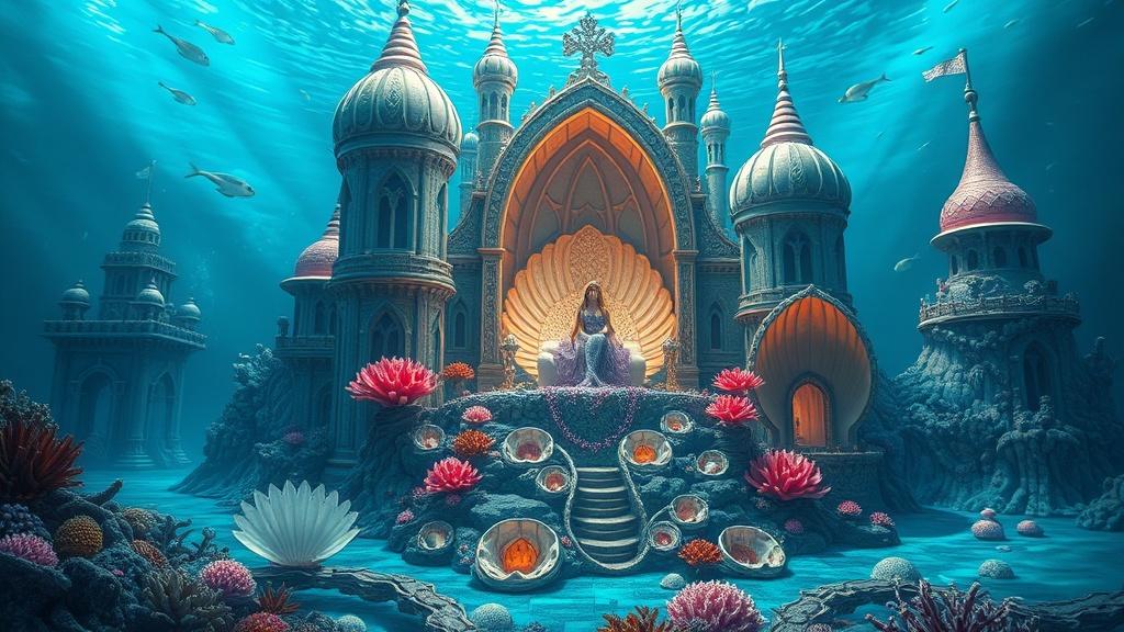 A magnificent ocean castle made of living coral and giant clamshells