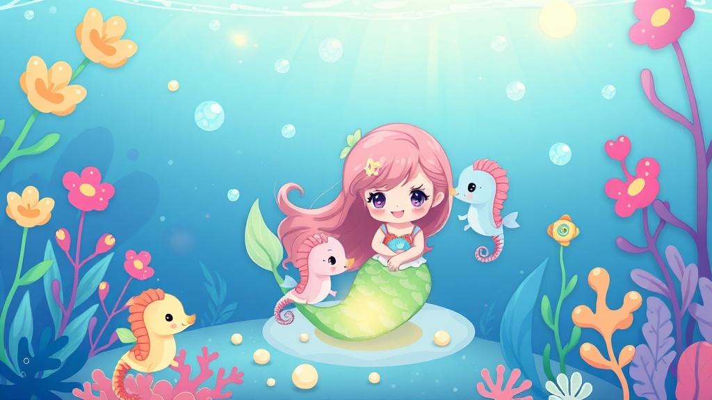 Cute chibi mermaid characters playing with baby seahorses