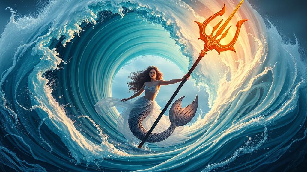 A powerful mermaid emerging from a giant wave with glowing trident
