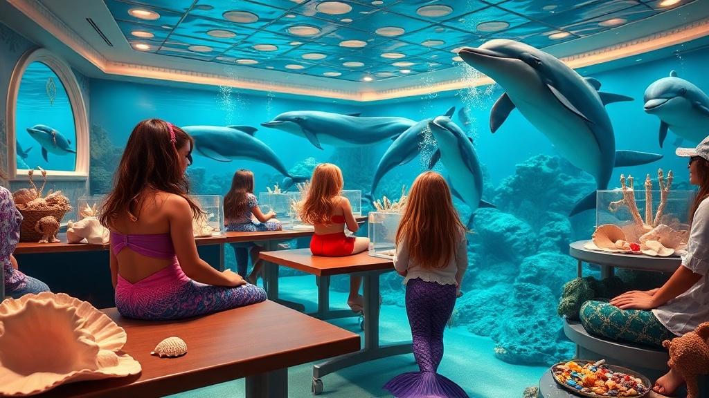 An underwater mermaid school with young mermaids and dolphins in a coral reef classroom