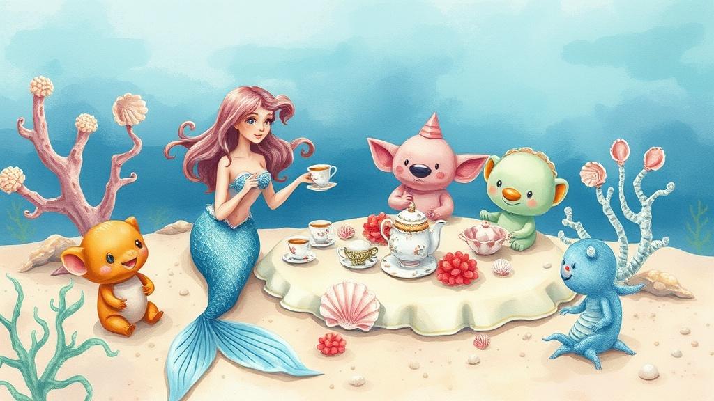 A mermaid tea party on a sandy ocean floor with seashell cups