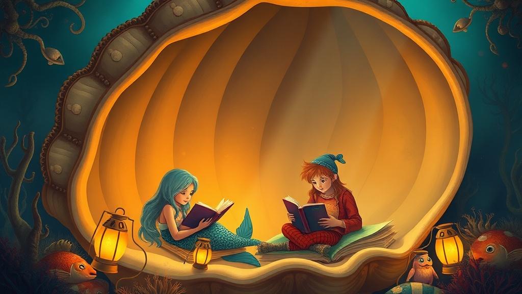A cozy underwater reading nook inside a giant seashell with a mermaid