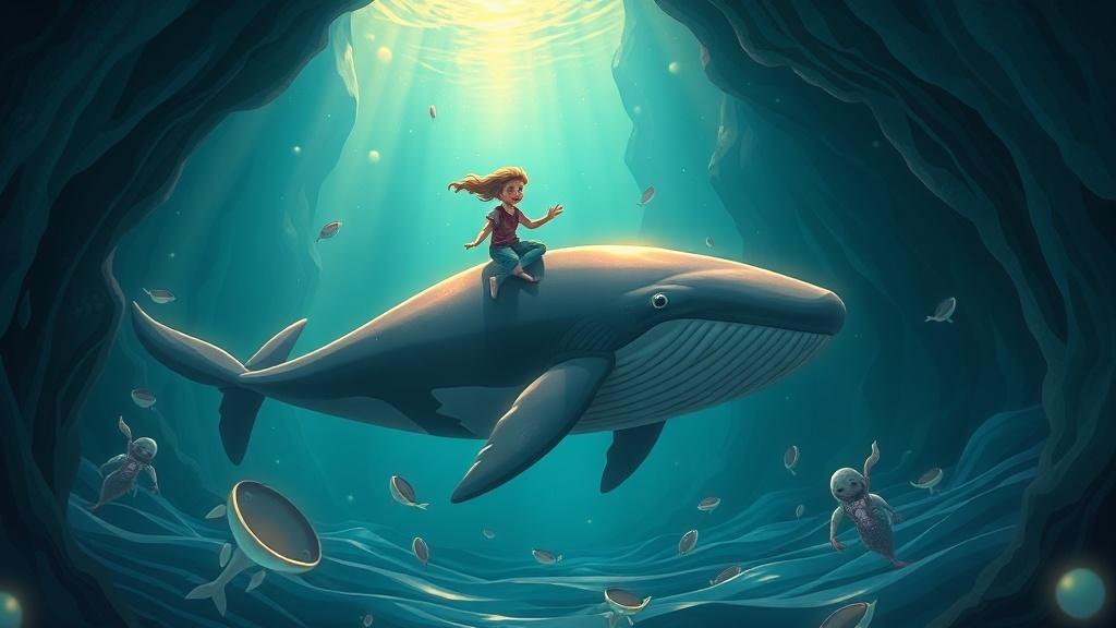 A child riding a gentle whale through a deep ocean canyon with bioluminescent creatures