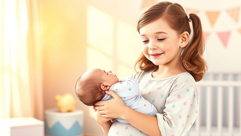A proud big sister carefully holding her newborn baby brother in a sunny nursery