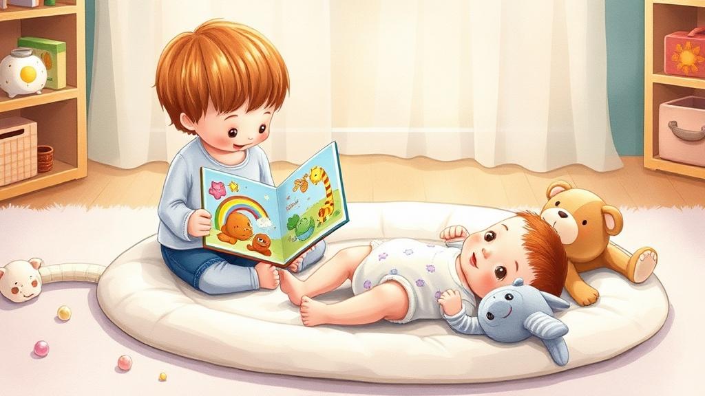 A child reading a colorful picture book to a baby on a soft play mat
