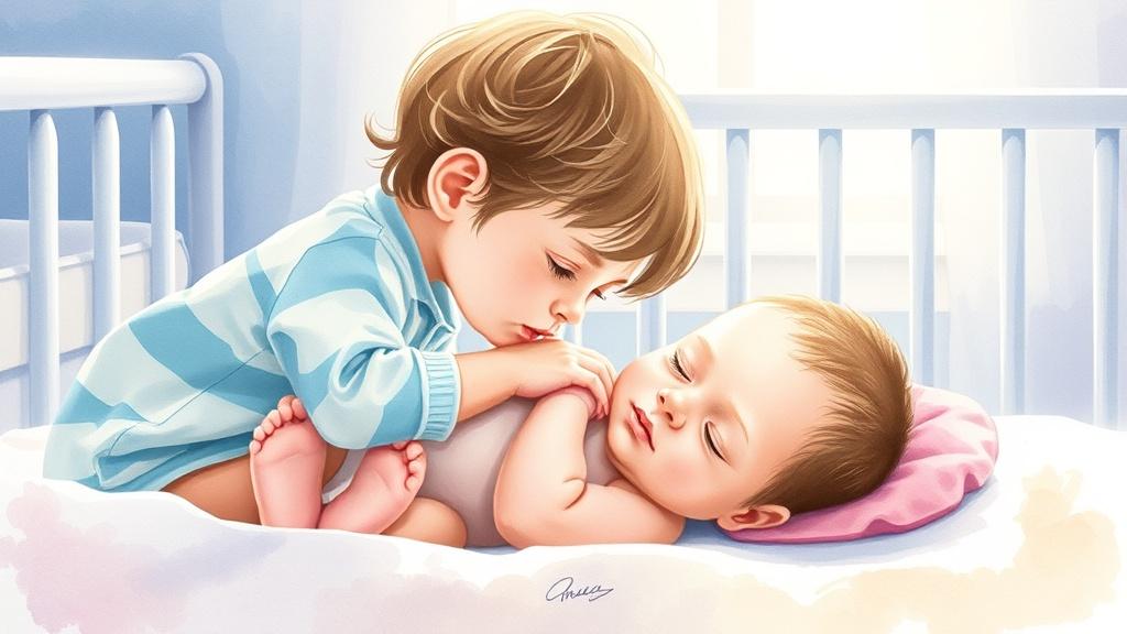 Watercolor style new sibling book illustration