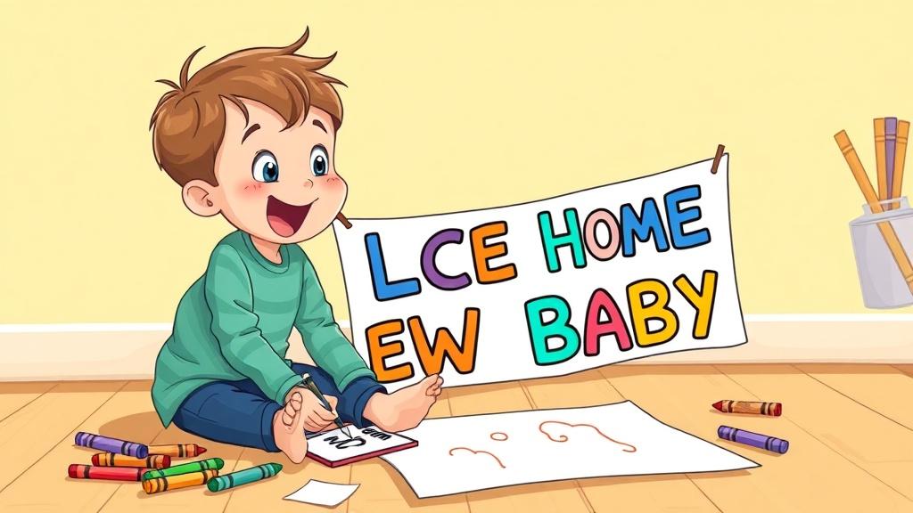 A big brother drawing a colorful welcome home banner for the new baby