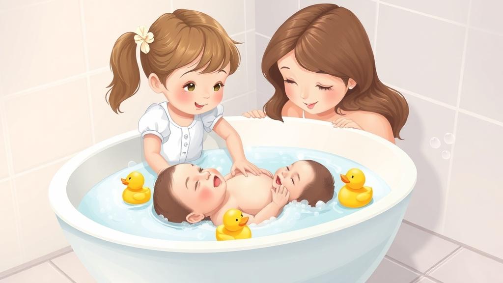 An older sister helping give the new baby a gentle bath