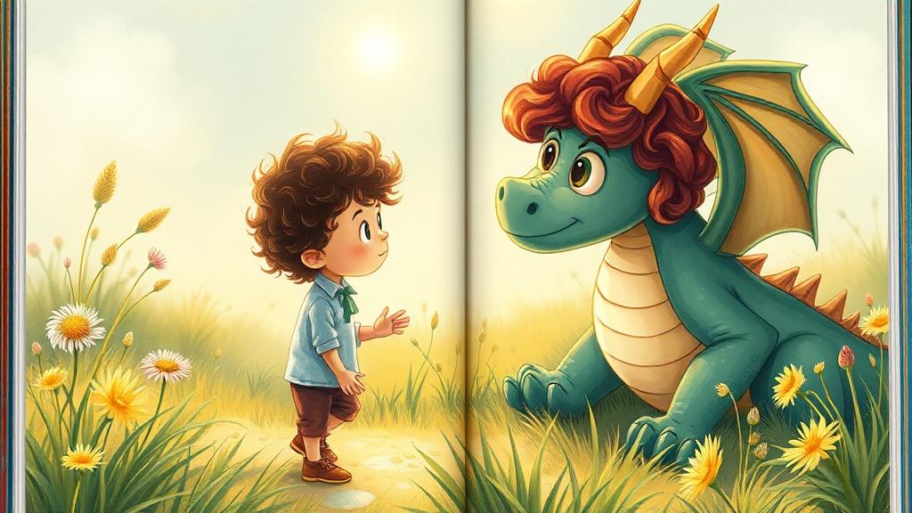 An illustrated children's book page with a boy meeting a friendly dragon in an enchanted meadow
