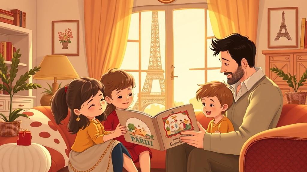 A warm French family gathered in a charming Parisian living room reading a beautifully illustrated French picture book together