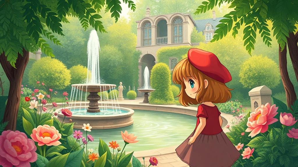 A young girl in a red beret discovering a hidden garden in the Luxembourg Gardens of Paris with talking flowers