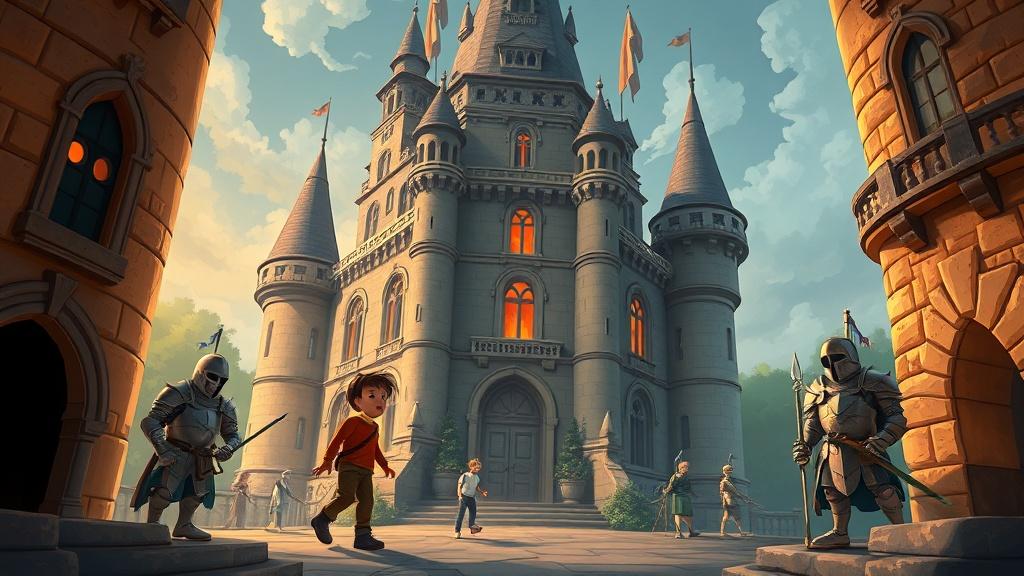 A brave boy exploring the turrets and secret passages of a grand French château with friendly ghosts