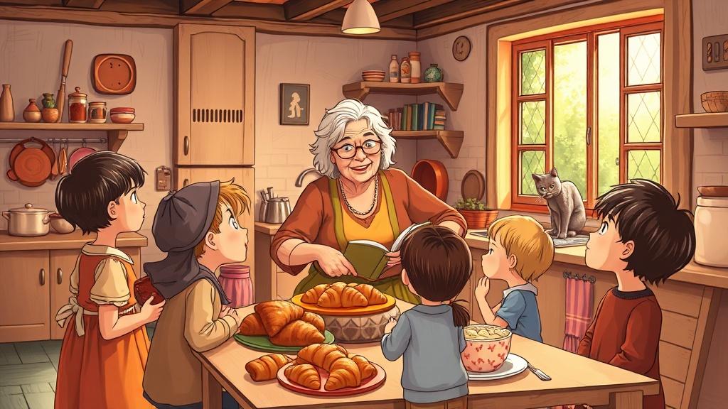 Children gathered around a storytelling grand-mère in a cozy French countryside kitchen with fresh croissants
