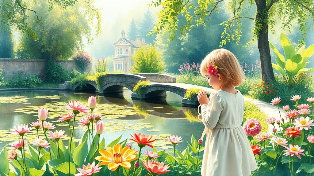 A child picking flowers in a Monet-inspired garden with a lily pond in soft watercolor painting style