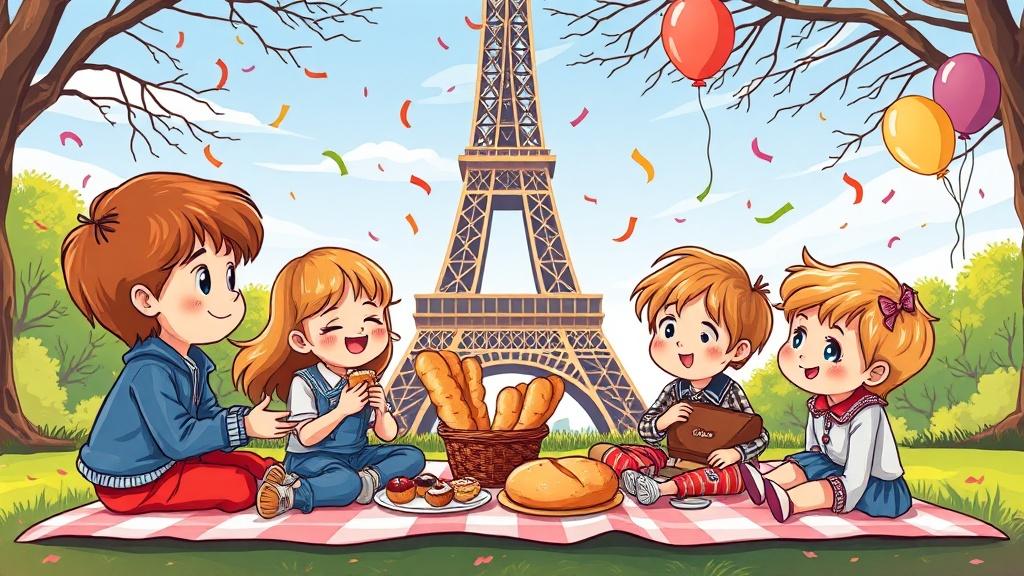 French children having a picnic under the Eiffel Tower with baguettes and pastries in bright cartoon style