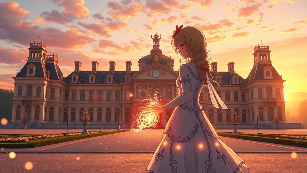 A magical girl with a glowing wand before the Palace of Versailles at sunset in anime style