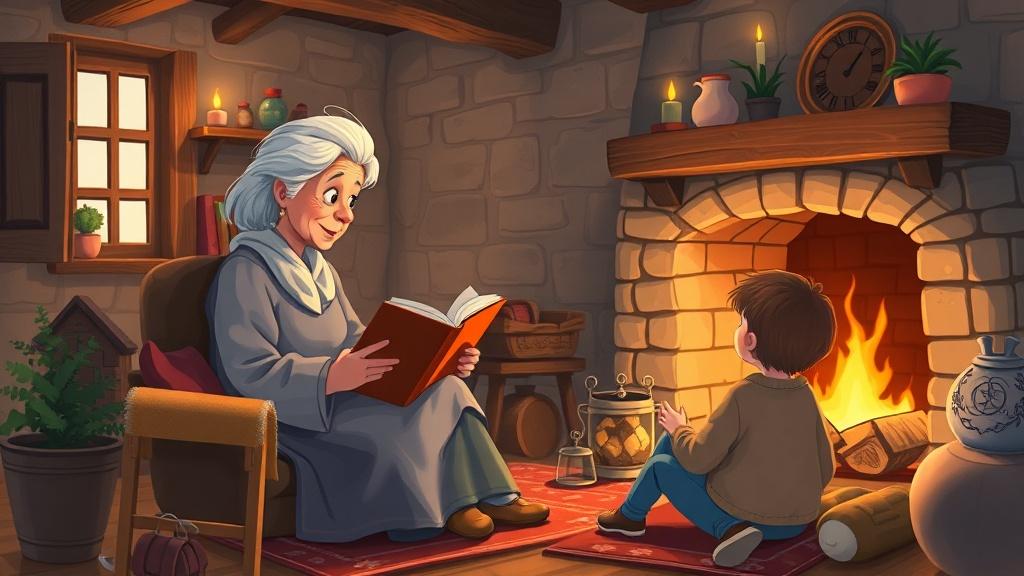 A grandmother reading Le Petit Prince to children by a fireplace in a French farmhouse in storybook style
