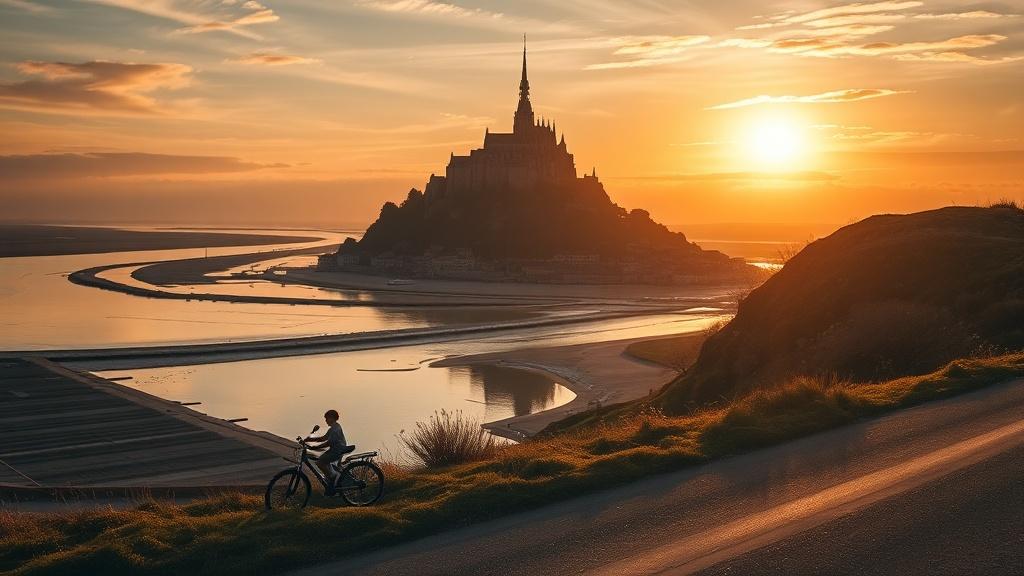 A dramatic view of Mont Saint-Michel at golden hour with a child on a bicycle in cinematic style