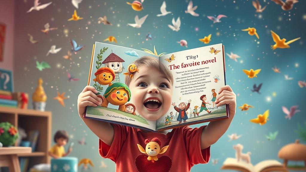 A child excitedly holding up a custom illustrated picture book version of their favorite novel