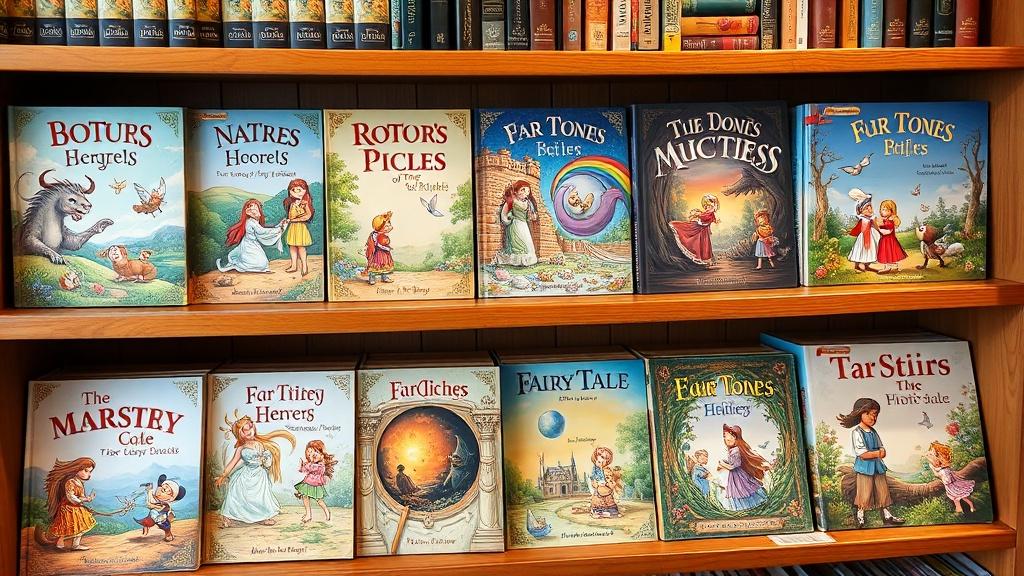 An array of beautifully illustrated picture books created from novels displayed on a wooden shelf