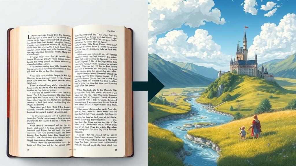A side-by-side comparison of a novel page transforming into a gorgeous illustrated scene