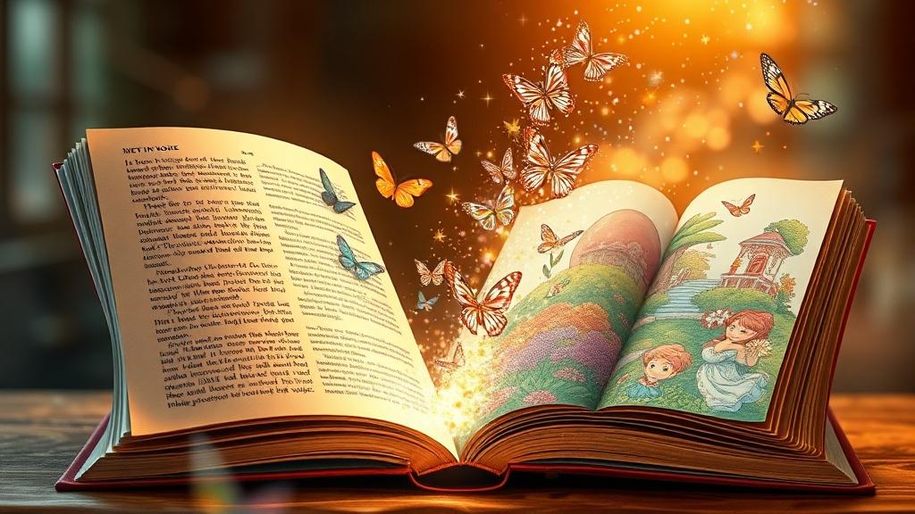 A magical transformation scene showing a novel morphing into a colorful illustrated picture book with sparkles and butterflies