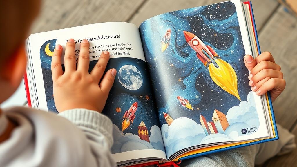 Child flipping through a beautifully illustrated space adventure book