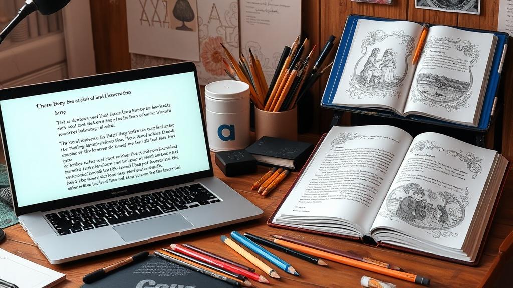 Artist desk showing story text being converted into illustrated book pages