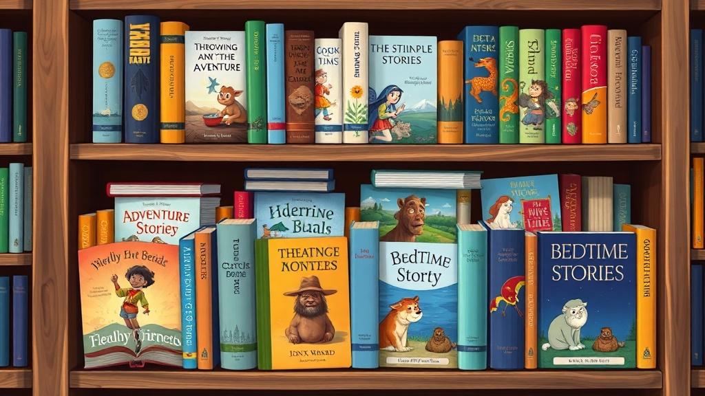 Bookshelf filled with custom illustrated storybooks of different genres