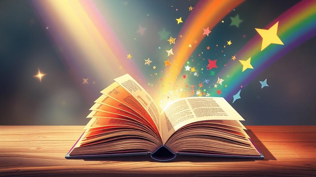 A thick novel being magically transformed into a colorful children's picture book with sparkles and rainbow light