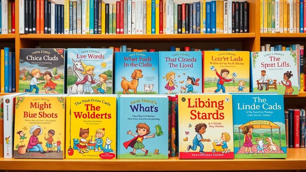 A collection of colorful children's picture books adapted from famous novels on a bright bookshelf