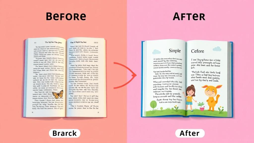 A before-and-after showing a dense novel page transforming into a bright children's picture book page
