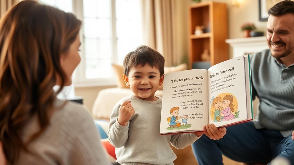 A child proudly showing their custom children's picture book adapted from a novel to their parents