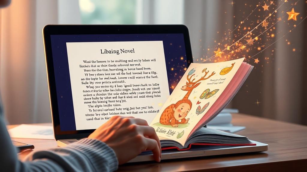 Novel manuscript being uploaded and transformed into a colorful illustrated picture book