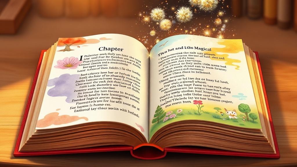A beautiful illustrated storybook showing a chapter being transformed into colorful picture book illustrations with watercolor artwork