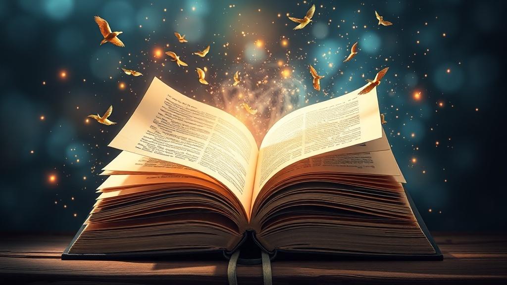 Magical scene of book pages flying and transforming from plain text into colorful illustrated storybook pages