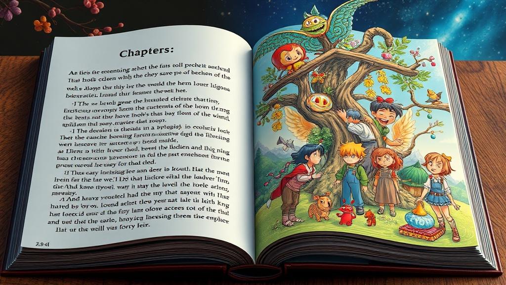 An AI-powered book transformation showing text chapters becoming vibrant illustrated pages with diverse characters