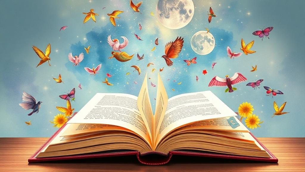 A novel being split into individual colorful picture book pages floating in the air with vibrant watercolor illustrations