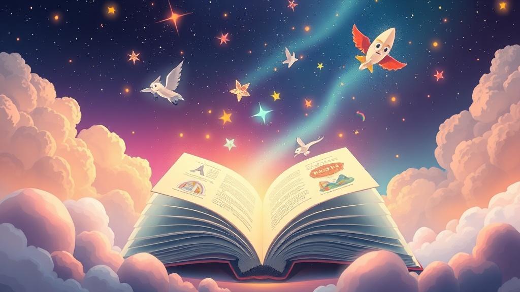 Novel pages flying through the air and transforming into beautifully illustrated storybook pages